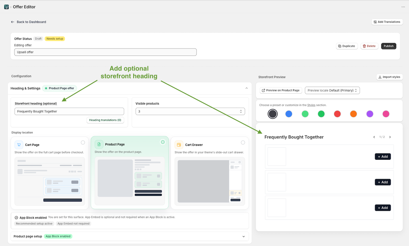 Add optional storefront heading for upsell offer