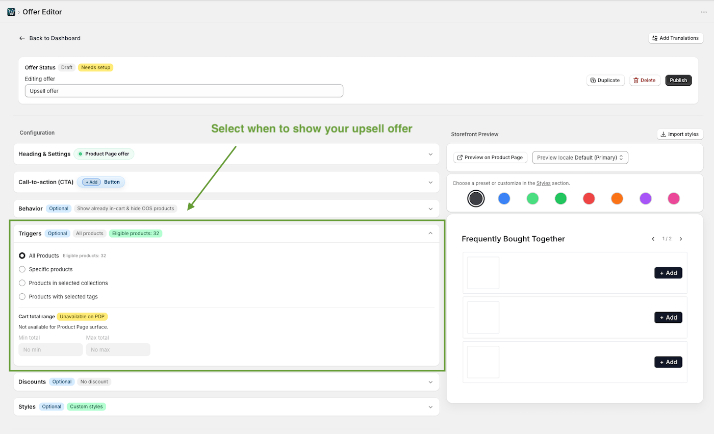 Choosing product, collection, and tag triggers for Shopify upsell offer