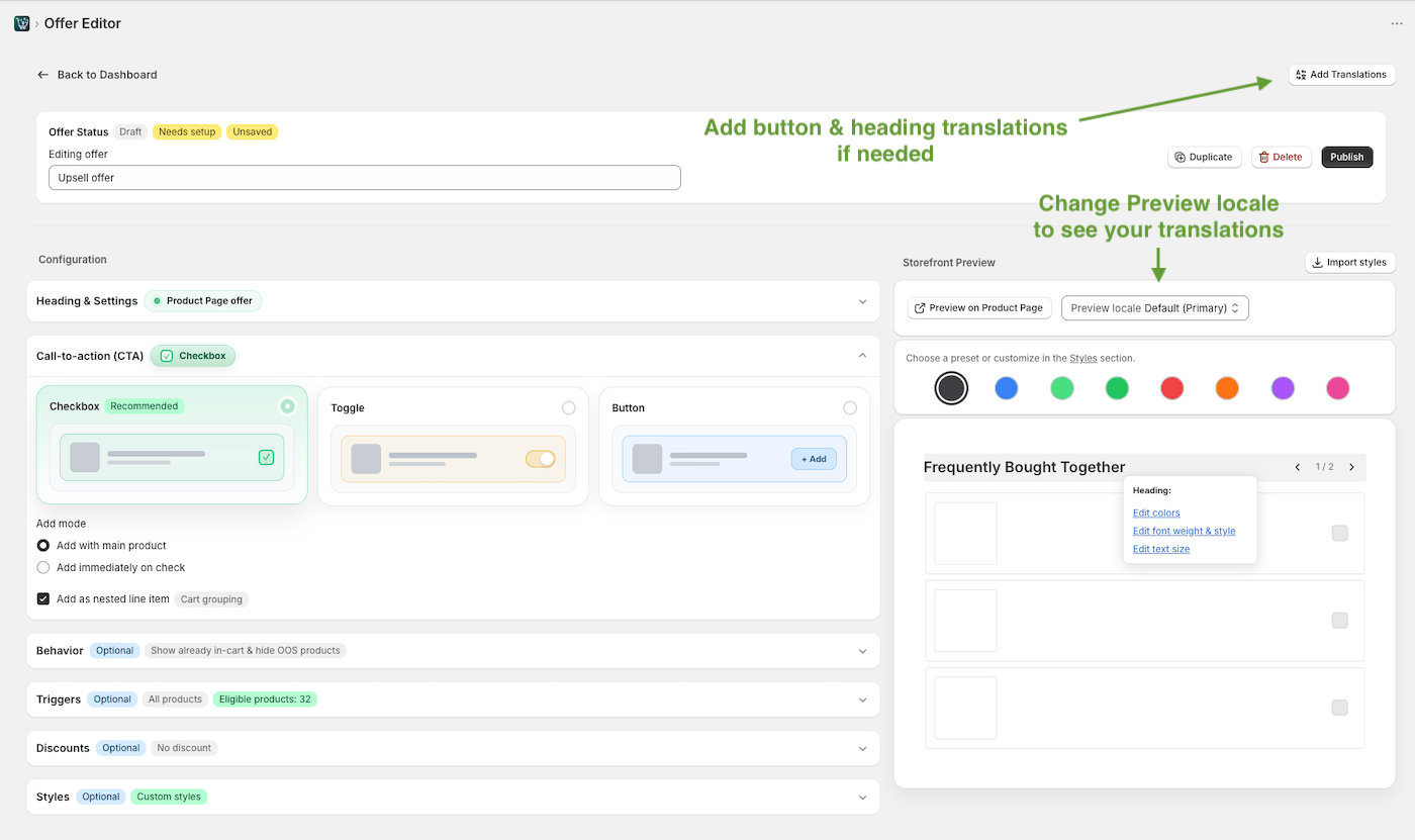 Edit & Preview Translations for Shopify upsell offer