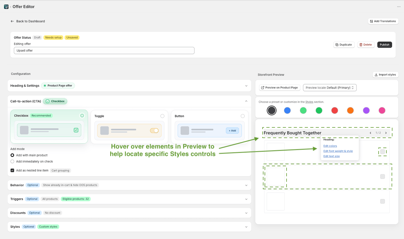 Hovering over preview elements to edit upsell styles