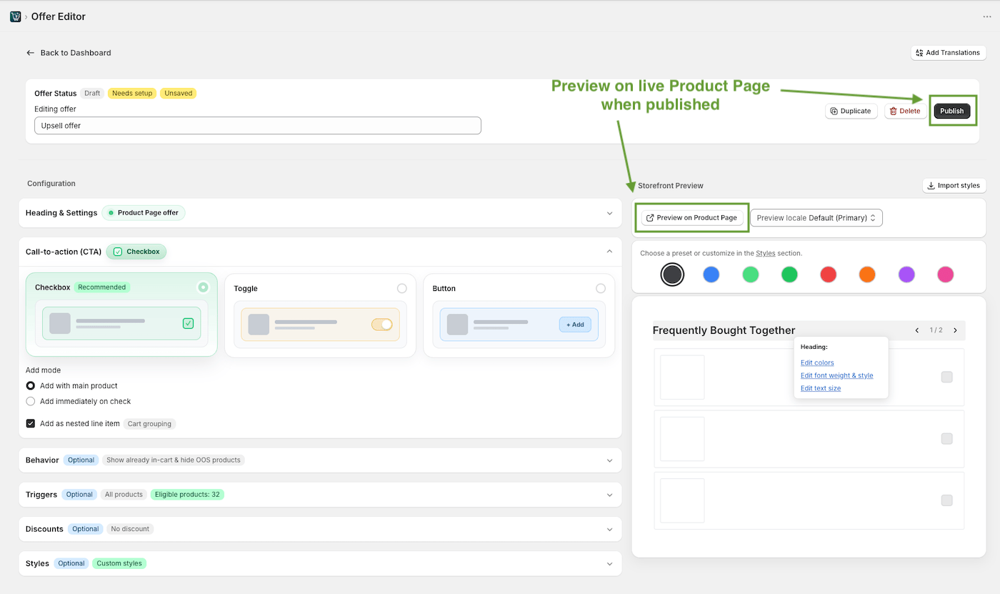 Publishing and previewing a Shopify product page upsell offer