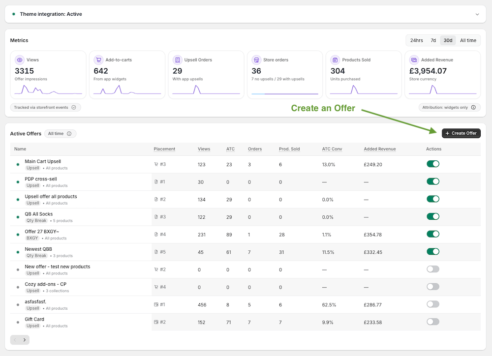 Create Offer button in AS Discounts & Upsells App app dashboard