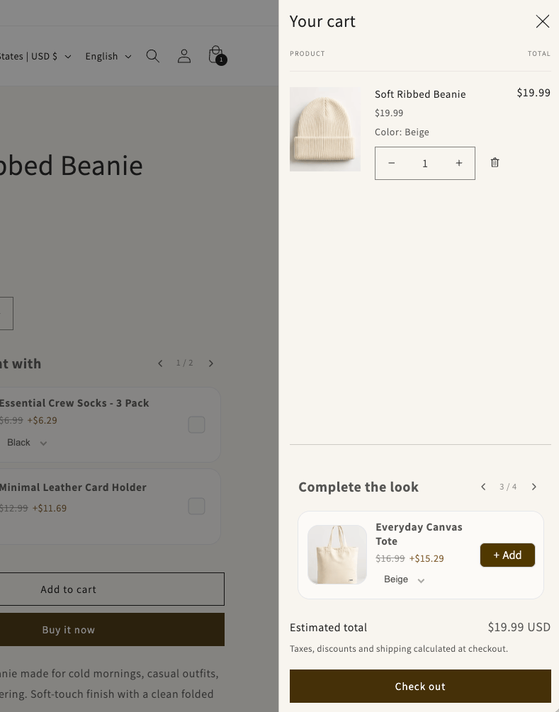 Shopify cart drawer upsell example