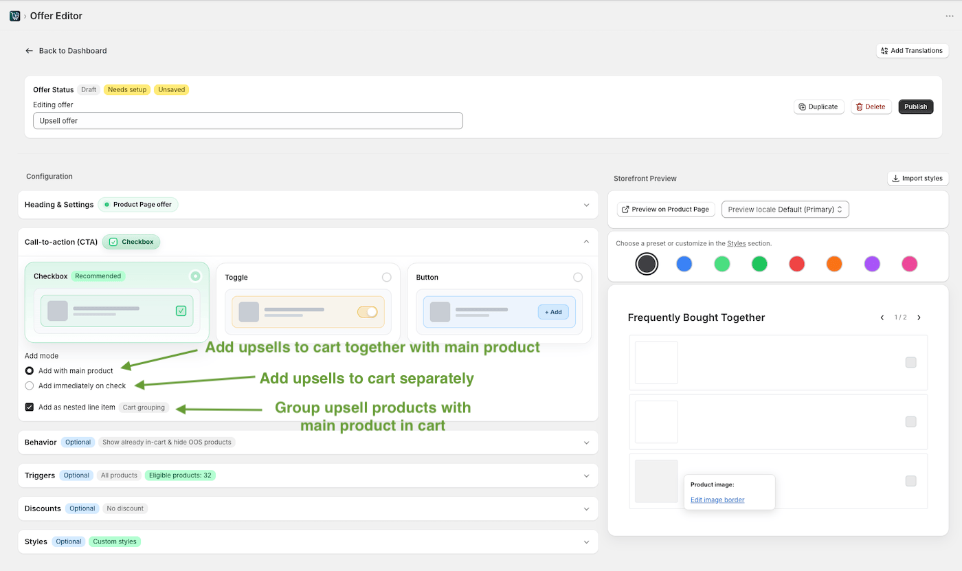 Add with main product setting for Shopify add-on products