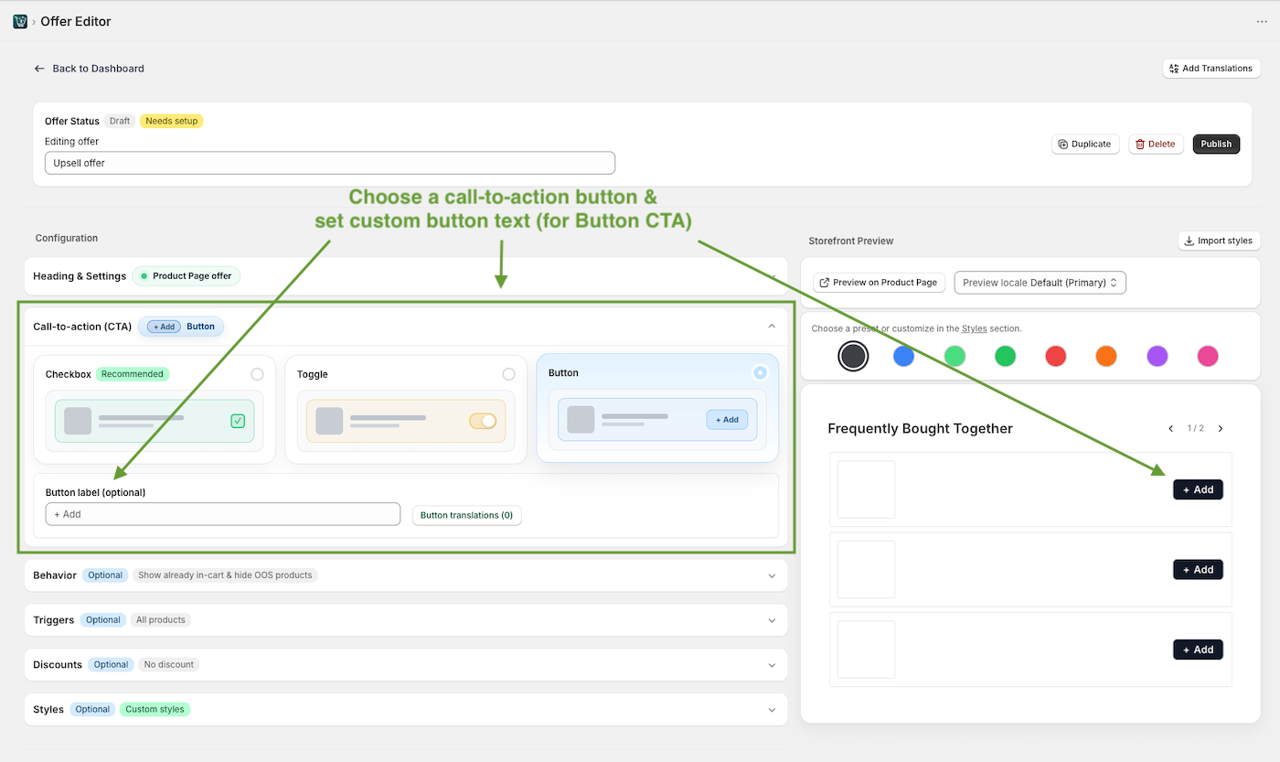 Choosing CTA type for Shopify upsell offer