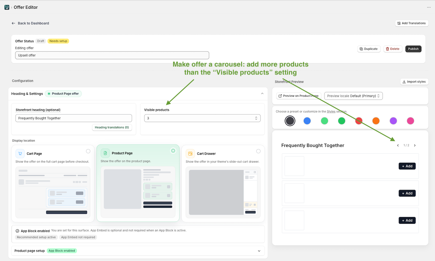 Change Visible products setting to make Shopify upsell offer a carousel